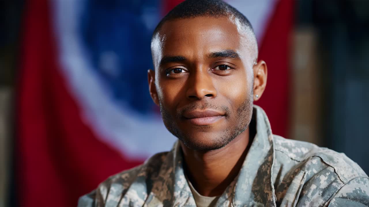 Portrait of a confident soldier showcasing determination and pride, set against a backdrop of a flag that symbolizes commitment and service, capturing the essence of strength and resilience in the military
