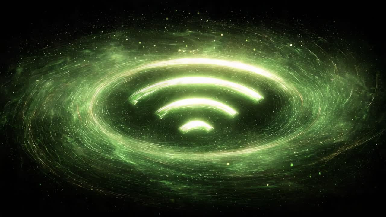 Ethereal Visualization of Connectivity: A Dynamic Green Wireless Signal Display Representing Modern Communication Technologies and Their Interconnectivity within Digital Realms