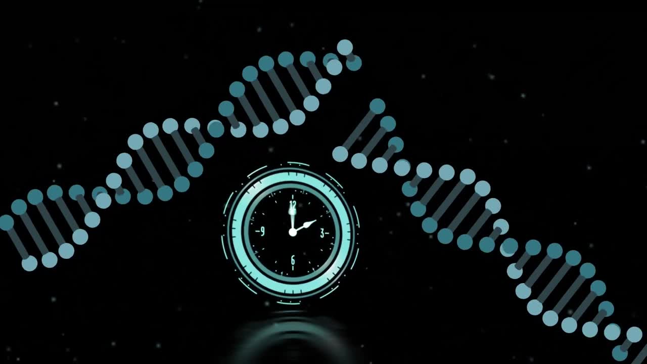 animación de un reloj que se mueve sobre cadenas de adn sobre un fondo negro