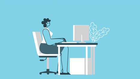 mujer enojada trabajando en una computadora rota en el lugar de trabajo. diseño plano animación de bucle aislado de personaje 2d con canal alfa