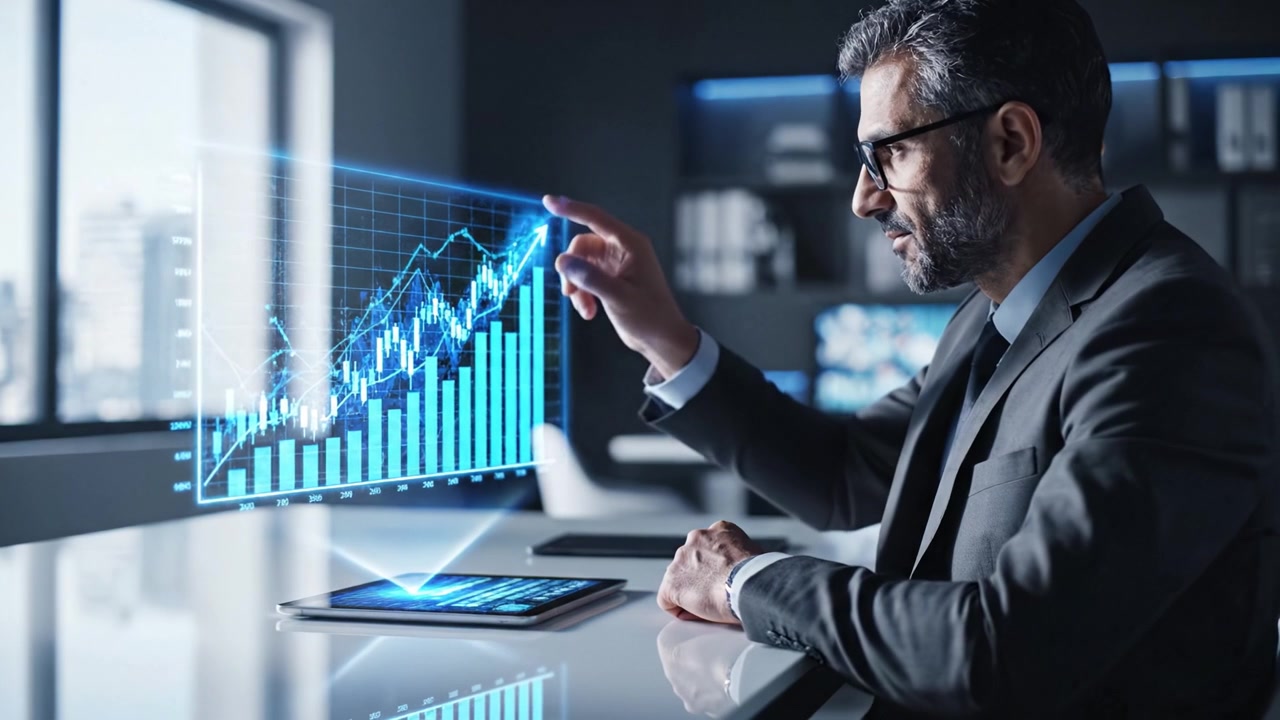 Un uomo d'affari che analizza dati finanziari su un tablet mentre è seduto in un ufficio moderno, concentrato su grafici e statistiche importanti per il processo decisionale strategico
