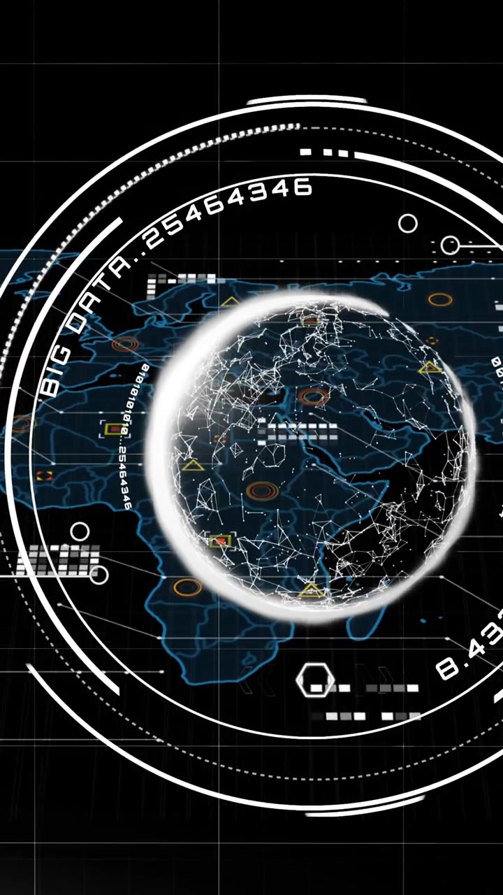 Animation of scope scanning over globe of network of connections scope scanning and data processing