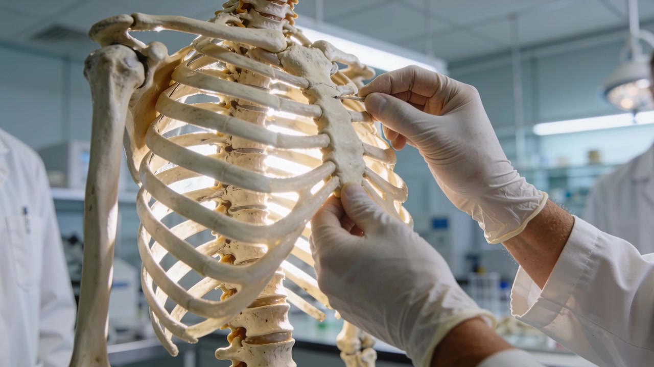 Mani che entrano, un insegnante in camice da laboratorio e guanti che sistema le costole di uno scheletro nel laboratorio di anatomia per l'insegnamento.