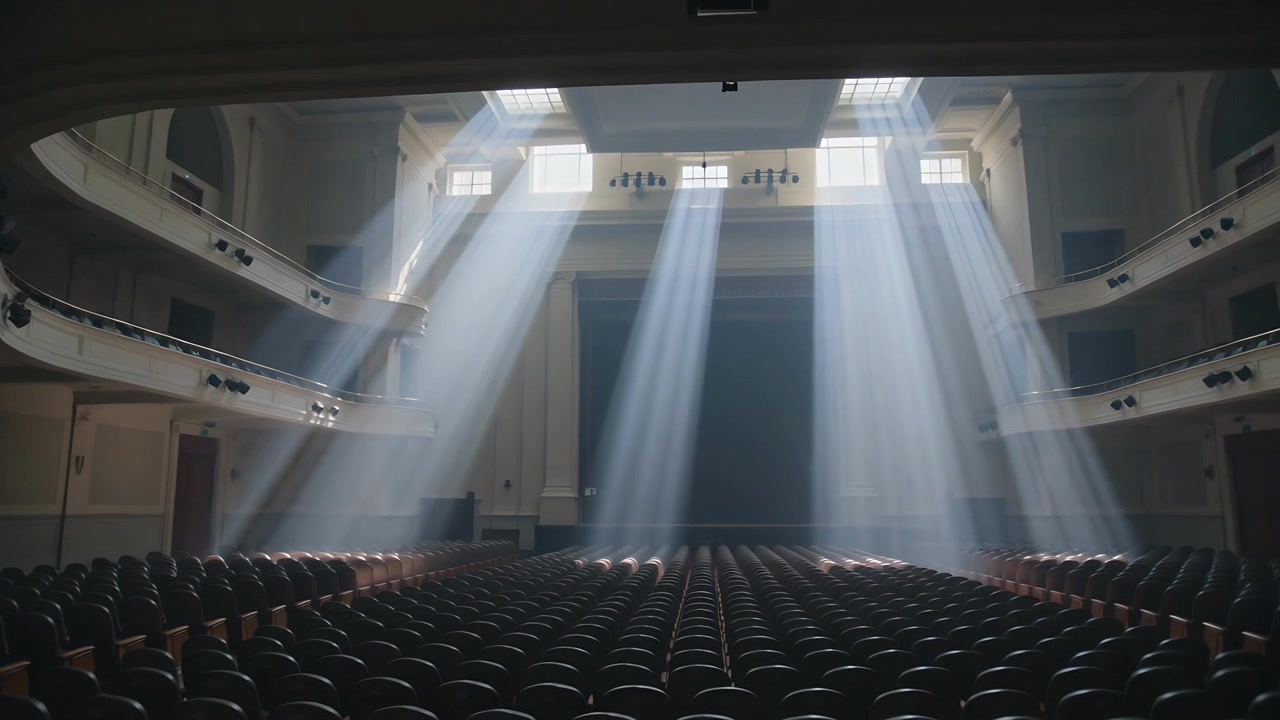 Fasci di luce che si spostano attraverso i lucernari, attraversando i sedili del teatro e il palco dal movimento del sole.