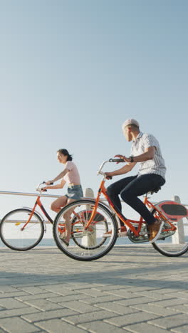 vertical video of happy biracial couple riding bikes on promenade, in slow motion