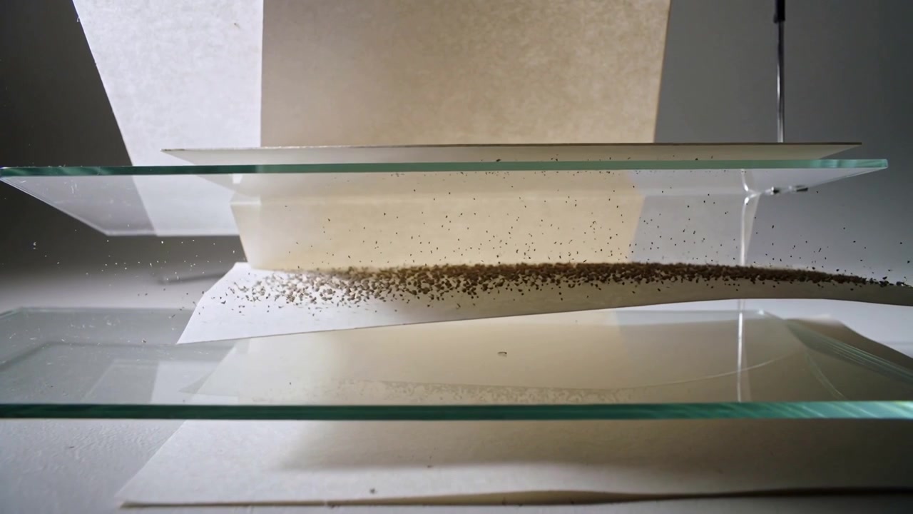 Caduta dallo scaffale superiore, una fascia si assesta, accumulandosi sullo scaffale inferiore, striscia di carta raccolta per lo studio