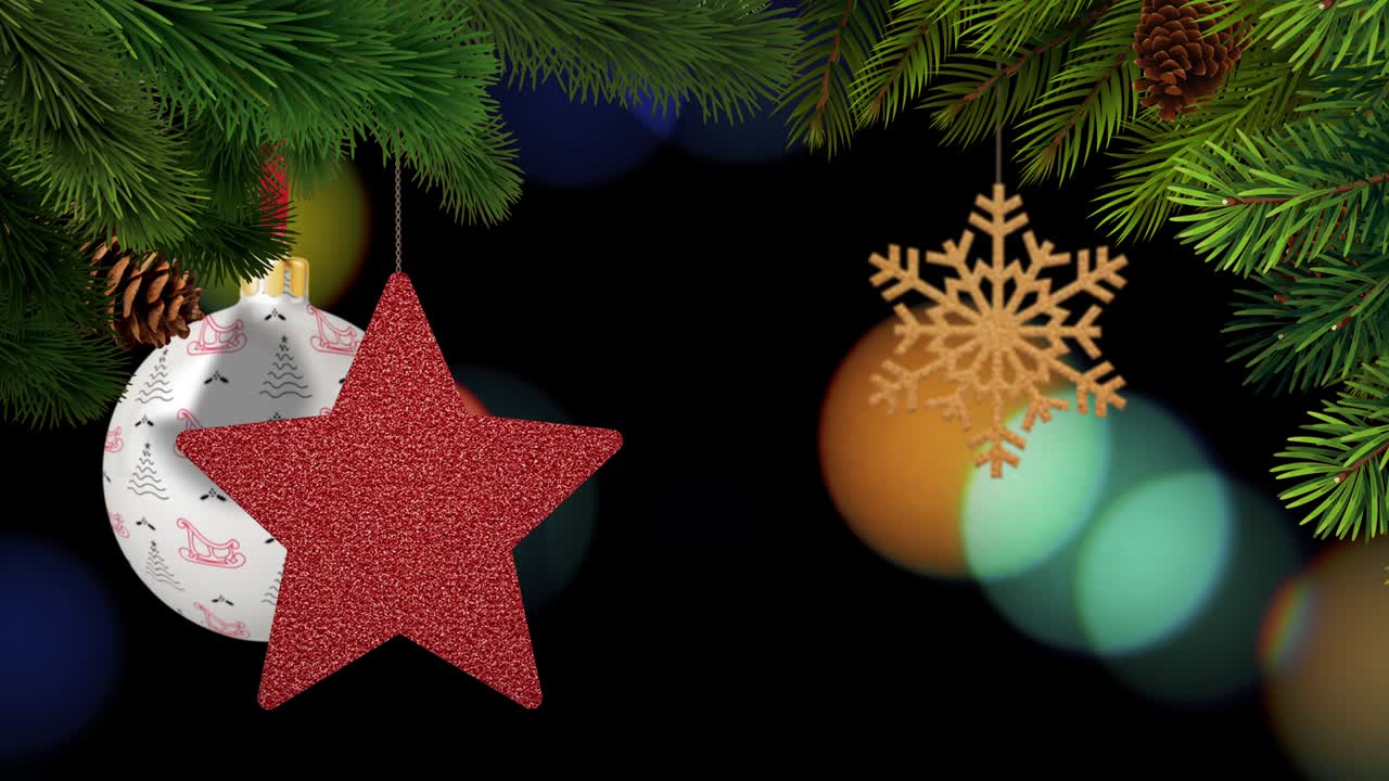 los adornos de navidad y los pinos se balancean en un fondo bokeh en bucle