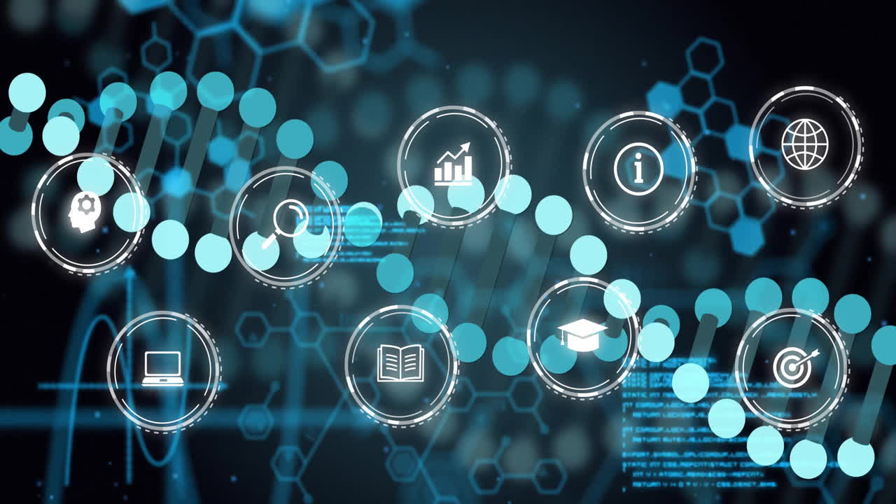 Digital icons and data processing animation over molecular structure background