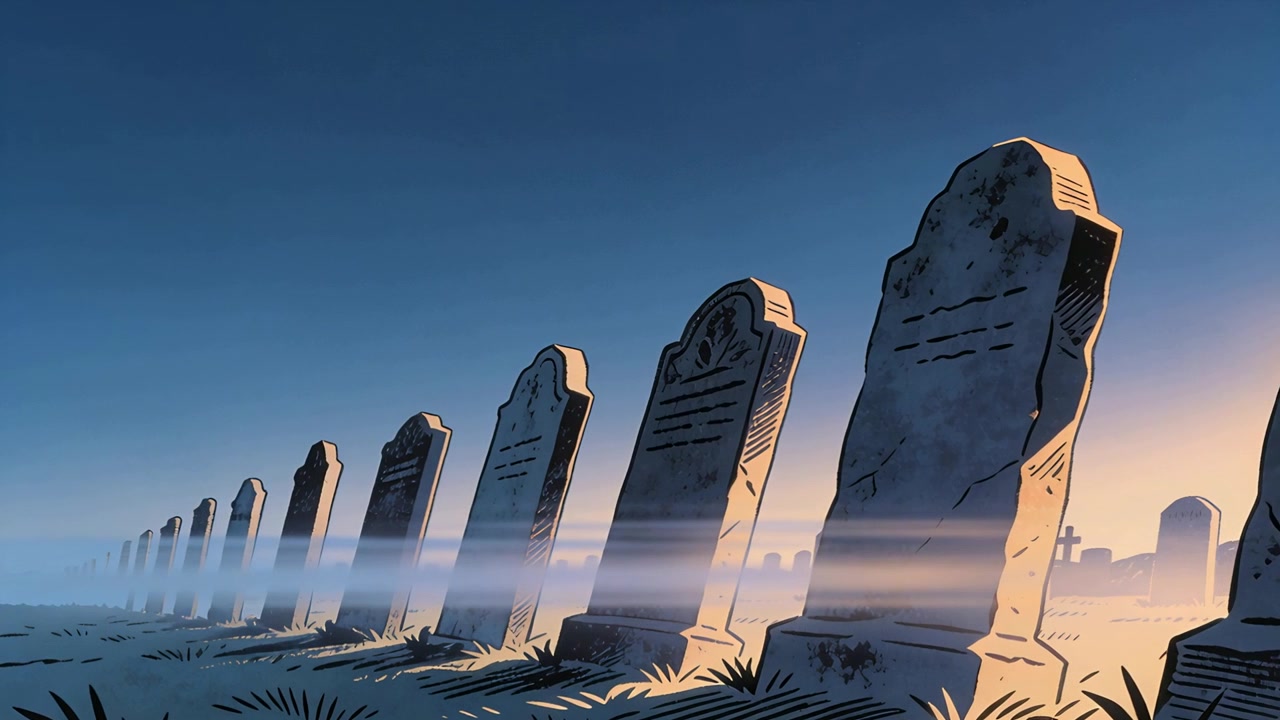 Scena di cimitero animato con nebbia al tramonto