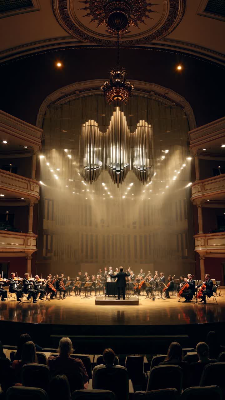 Wide-angle shot of an orchestra performing on stage in a grand theater, capturing the elegant