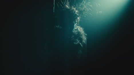 a creepy witch stands in the moody pose during the night storm
