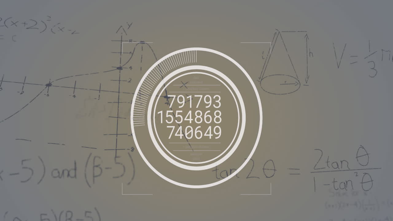 animación de números cambiantes sobre escáner redondo y ecuaciones matemáticas contra un fondo gris