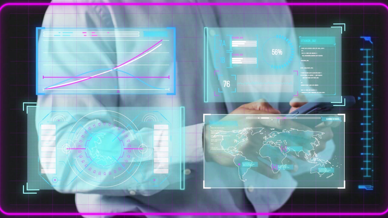Male data analyst holding device, reaching and tapping holographic data panel, updating map metrics