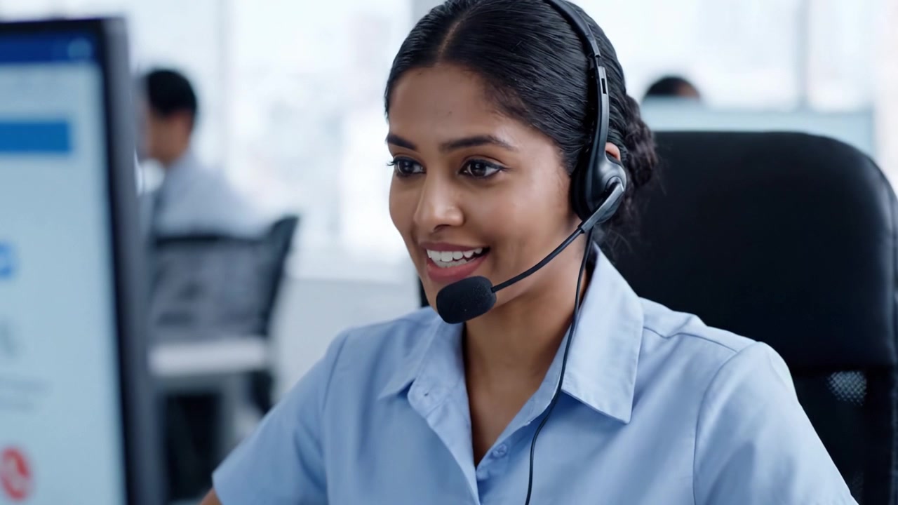 A cheerful customer service representative engaged in a professional call, showcasing effective communication skills while providing assistance and support in a modern office setting.