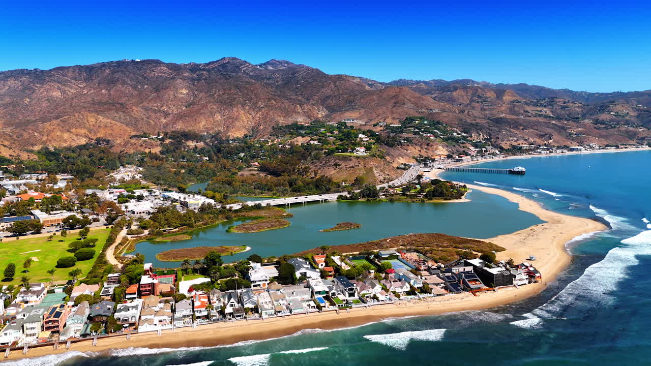 Picturesque scenery of Malibu, Los Angeles County, California, USA. Bare mountains at backdrop. Aerial view