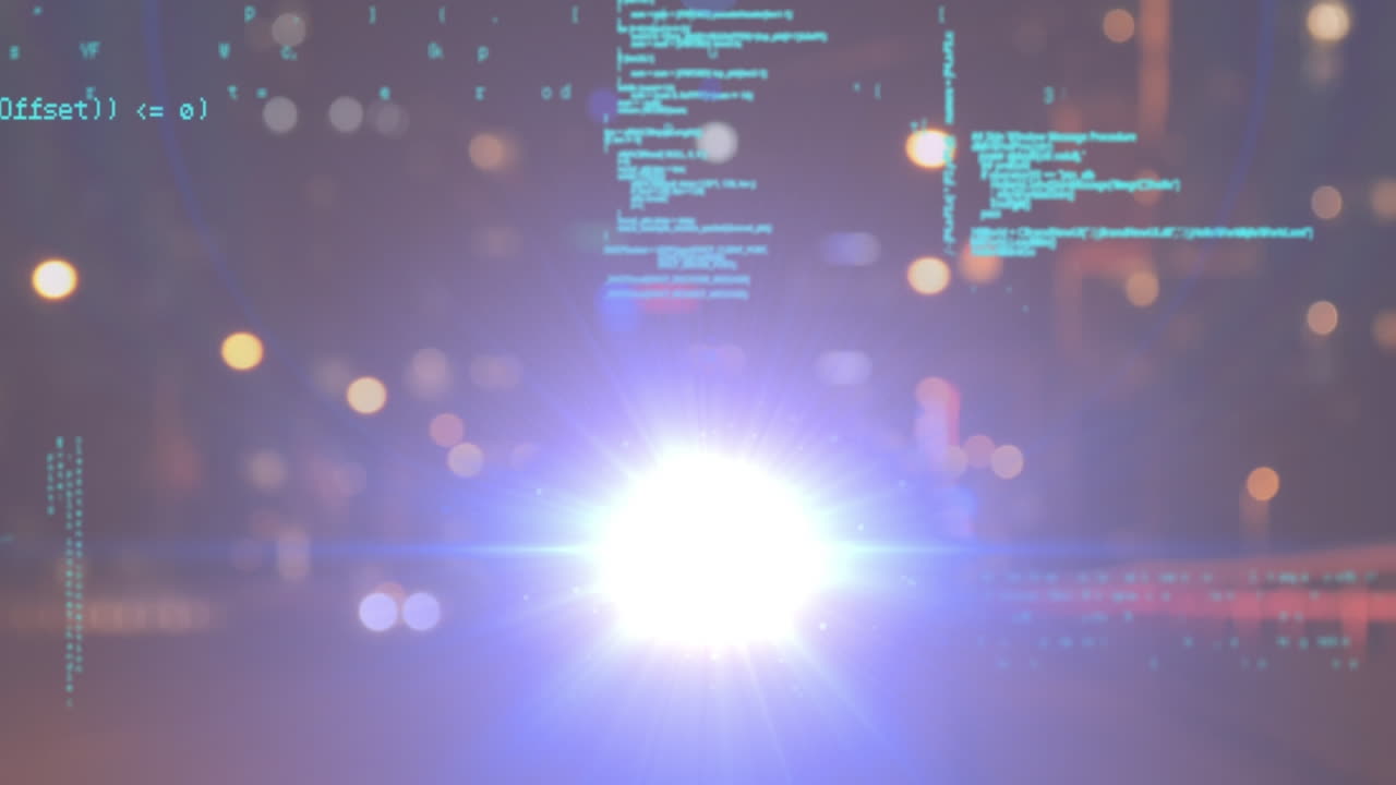 Animation of glowing light and layers of data processing over defocussed city lights at night