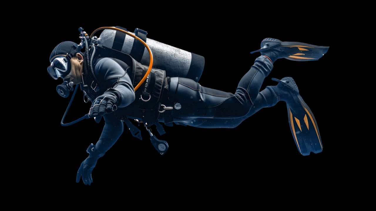 Scuba diver swimming animation isolated asset, transparent 4K video, alpha channel, ProRes 4444