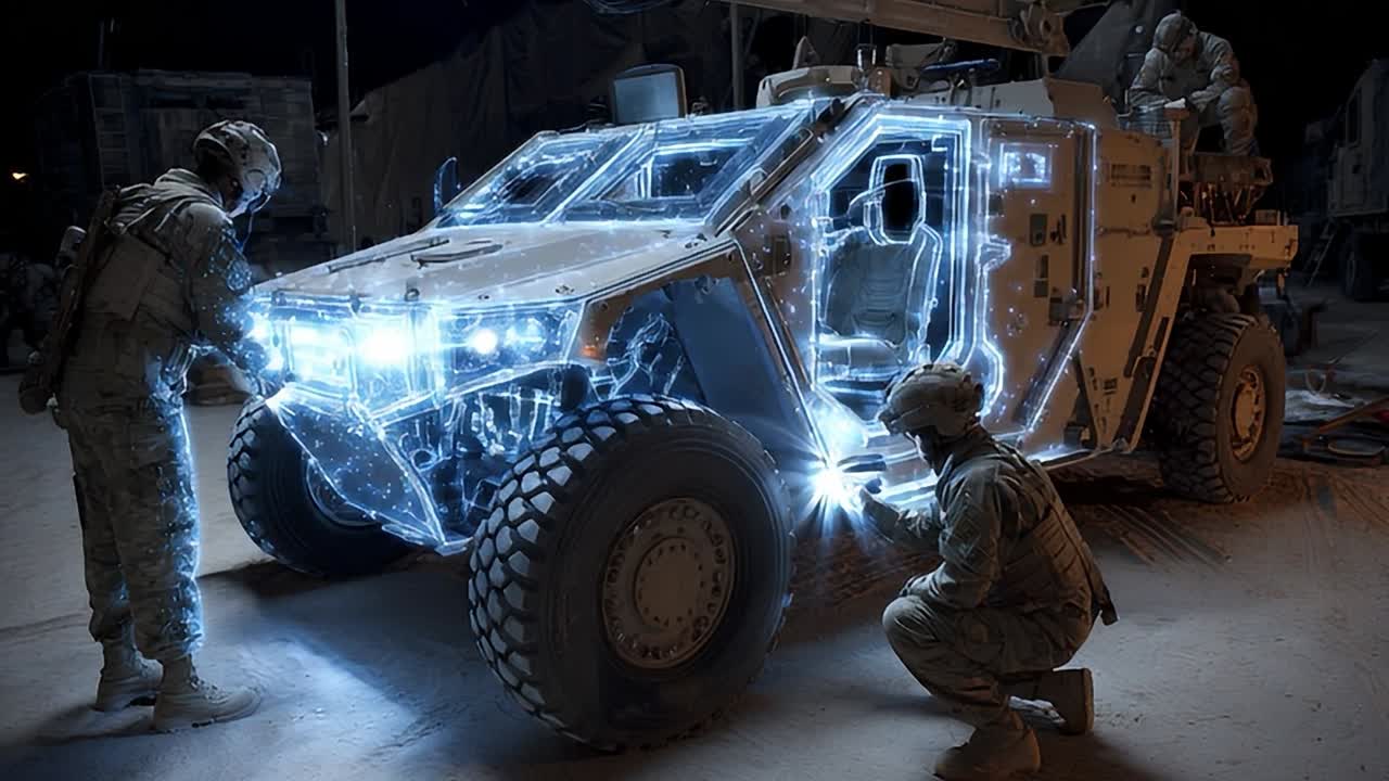 Personale militare che esegue la manutenzione di un veicolo blindato di notte