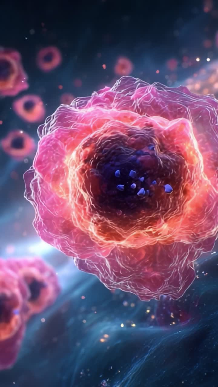 Una splendida visualizzazione di strutture cellulari al microscopio, che mostra i dettagli intricati delle cellule viventi con colori vivaci e sfondi dinamici.