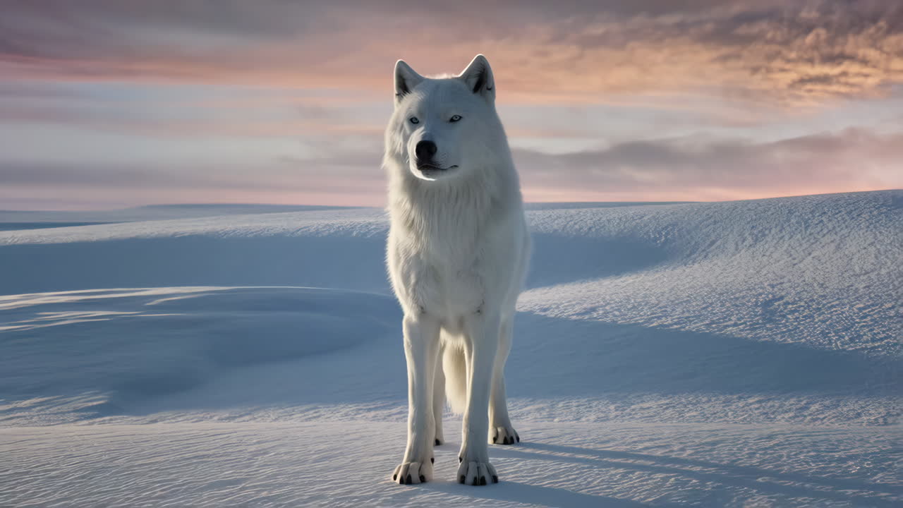 White Wolf in a Snowy Arctic Landscape at Sunset