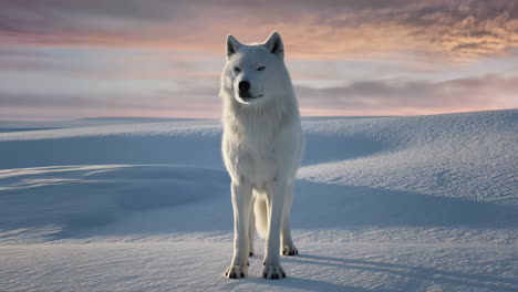 white wolf in a snowy arctic landscape at sunset