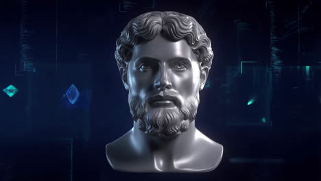 grey bust of a bearded man against a digital abstract background