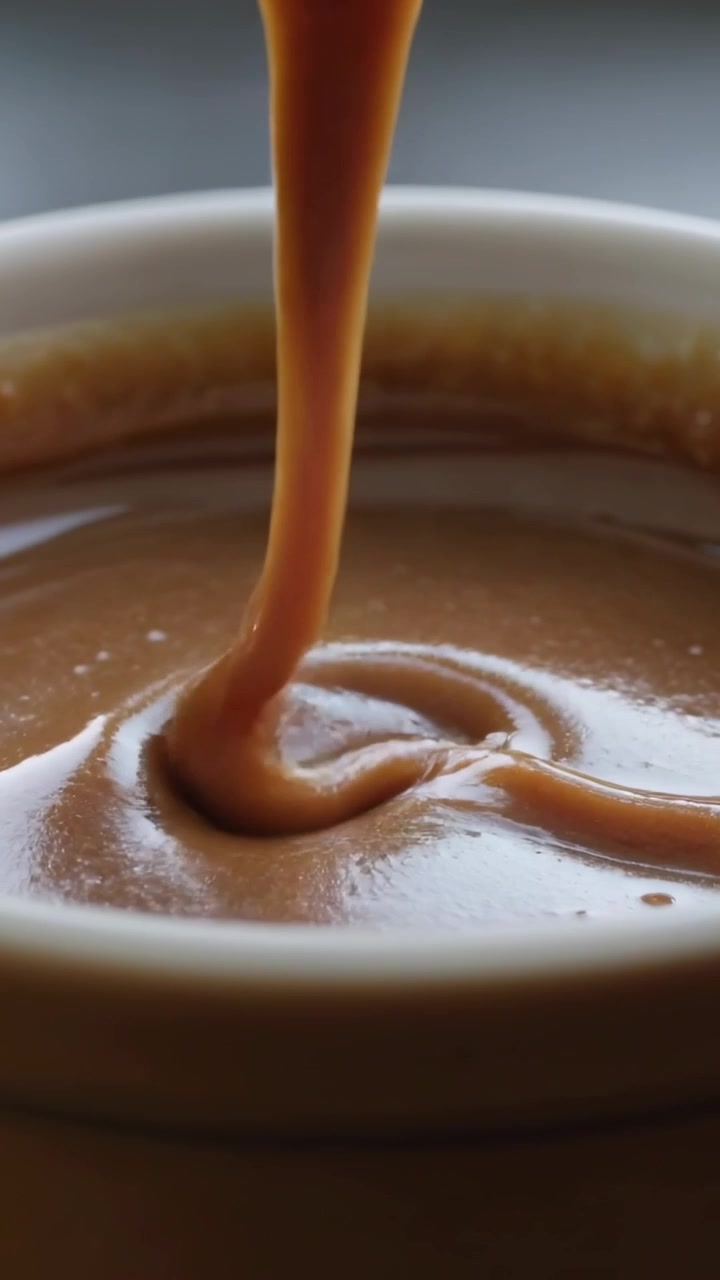 Video verticale: Cucchiaio che solleva e tira il caramello in una ciotolina bianca sul bancone per formare una spirale liscia.