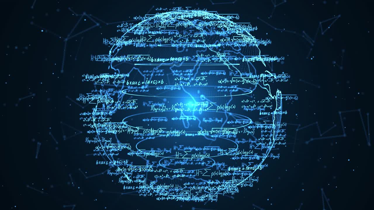 4k 3d seamless loop globe earth flies through white math formulas on black background math