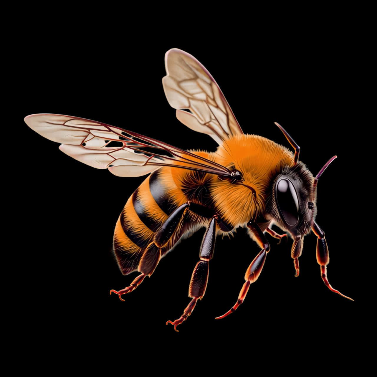 Detailed illustration of bee animation isolated asset, transparent 4K video, alpha channel, ProRes