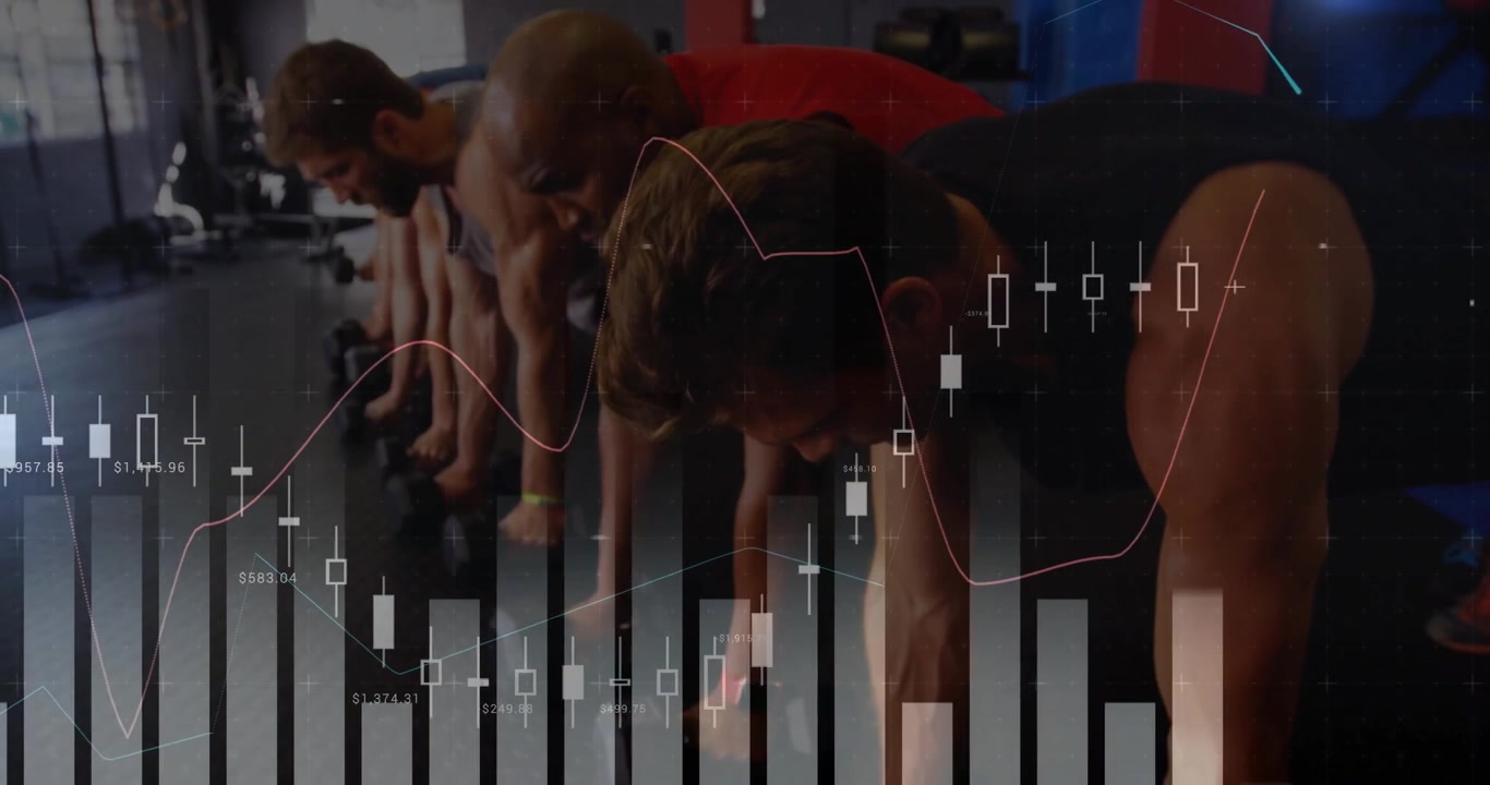 Fire atleter starter synkroniserede armbøjninger i fitnesscenter, mens et overlay toner ind med pulserende diagrammer på måtten.