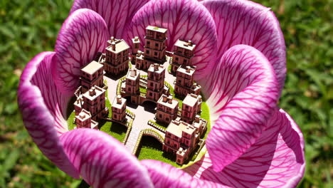 miniature city within a pink flower