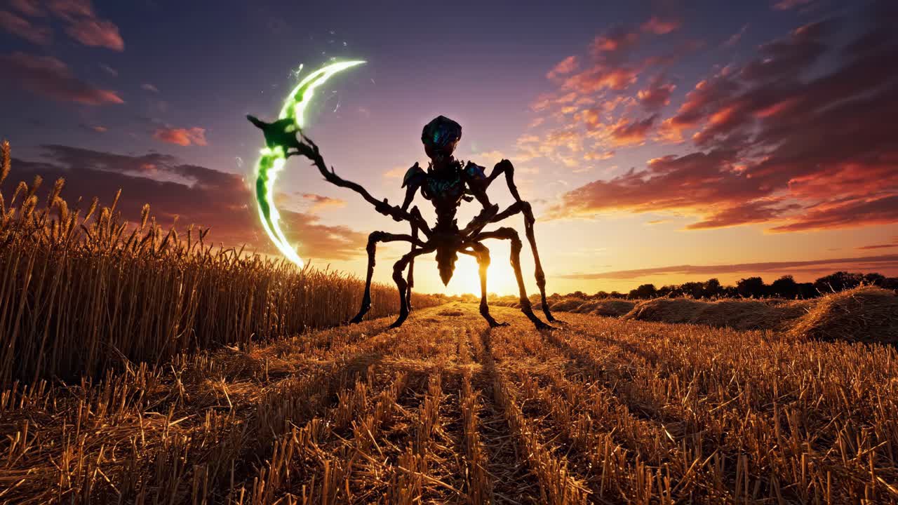 Alien Creature in Wheat Field at Sunset
