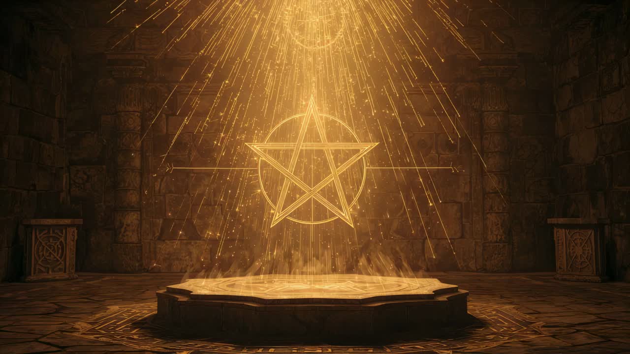 Pentagramma pulsante e altare a otto lati che si attivano mentre raggi dorati cadono in una stanza rituale, con nebbia che sale.