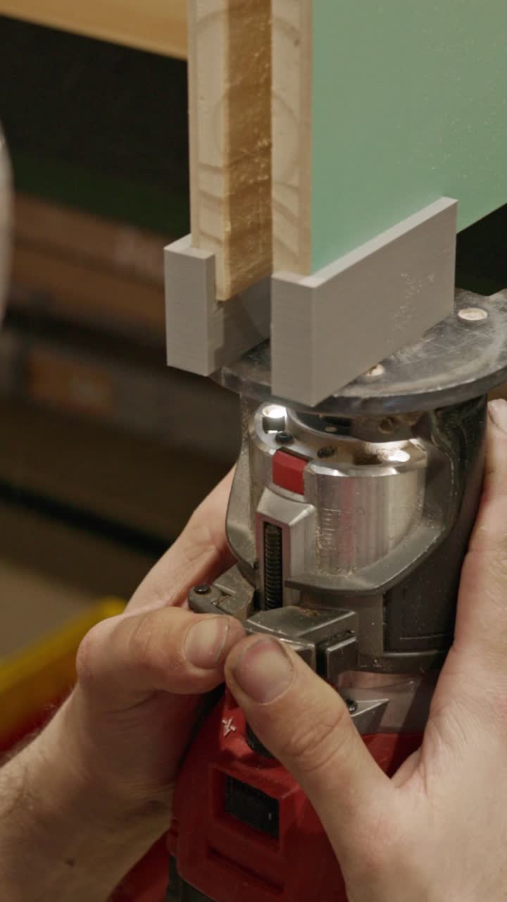 Close-up vertical shot of a craftsman using a handheld router to precisely trim the edge of a wooden door frame. The cutting bit smoothly shaves the timber, guided by a jig for accuracy