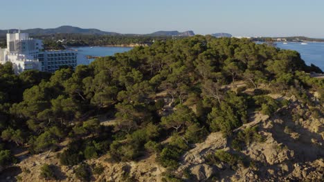 Ibiza-Sonnenuntergang-Auf-Einem-Felsen-Mit-Grünen-Bäumen-Am-Meer