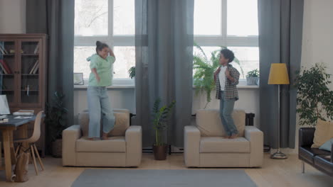 mixed-race kids having fun in living room