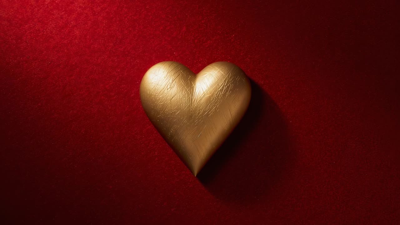 Zoom della camera che avvicina un cuore d'oro metallizzato in primo piano su tessuto rosso, rivelando dei graffi