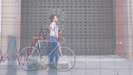 animation of data processing over biracial businesswoman walking with bicycle