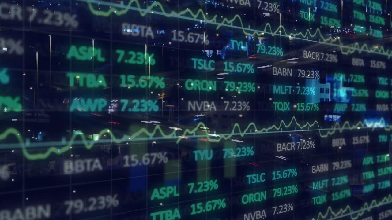 Animazione dell'elaborazione di dati finanziari su un paesaggio urbano