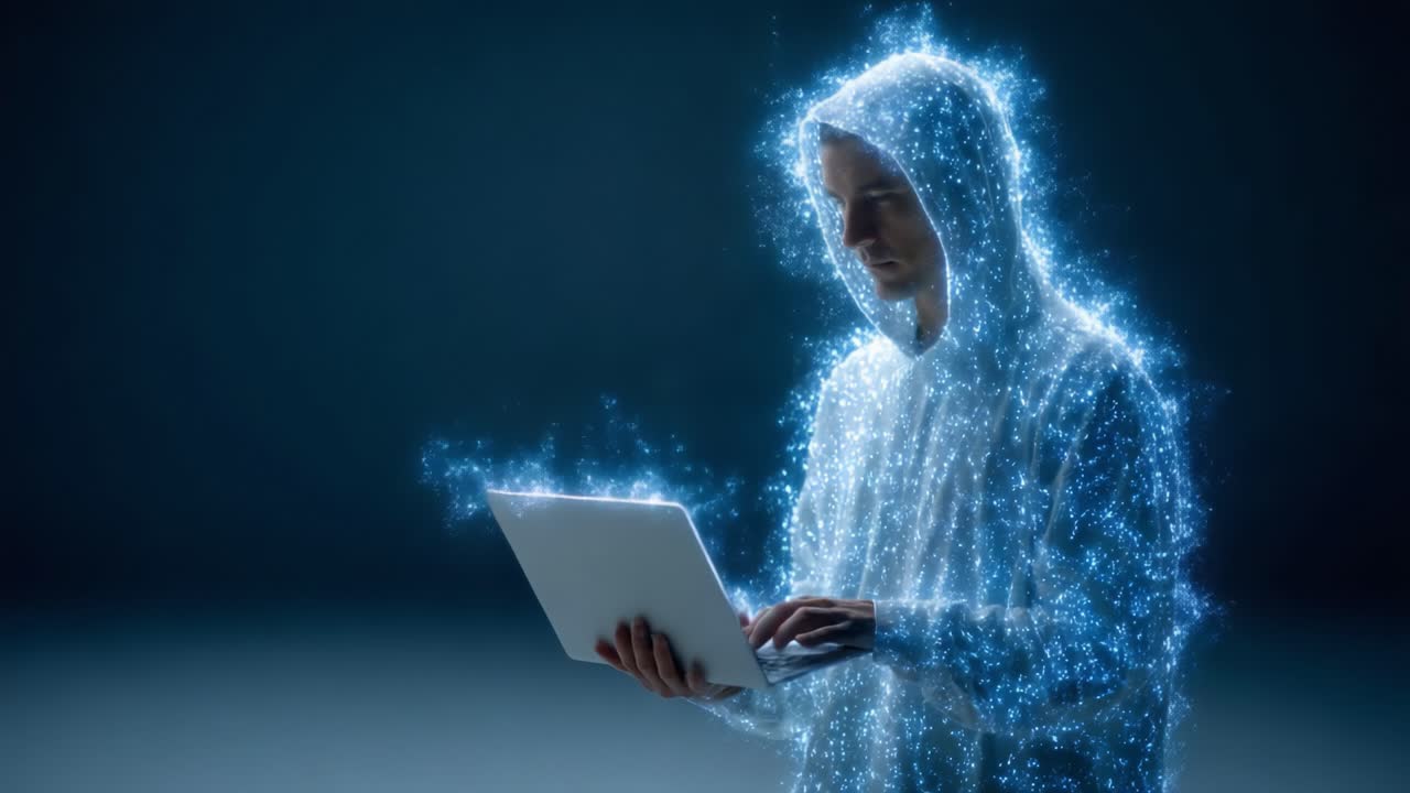 A Glowing Digital Entity Manipulating Data on a Laptop Amidst a Mystical Aura of Light and Energy, Representing the Fusion of Technology and Magic in the Cyber Realm