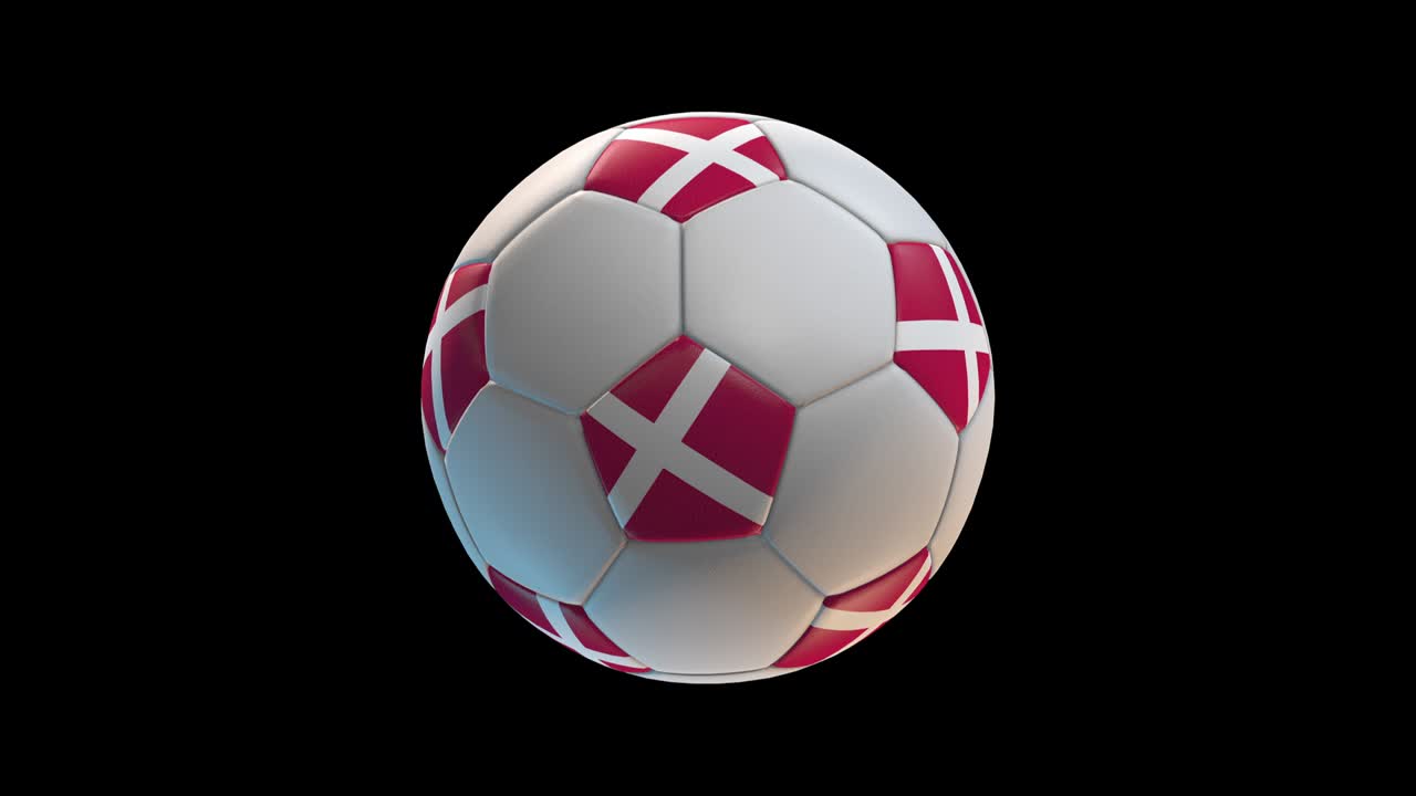 Soccer ball with flag Denmark, on black background loop alpha. 3D Rendering
