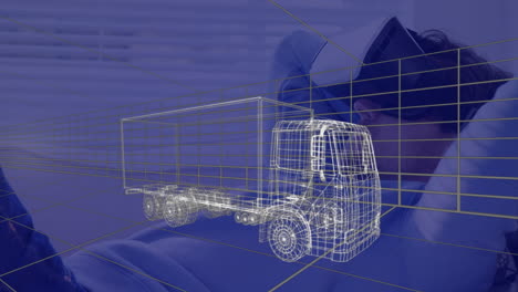 animación de dibujo técnico 3d de camión, sobre el hombre en casa con auriculares vr