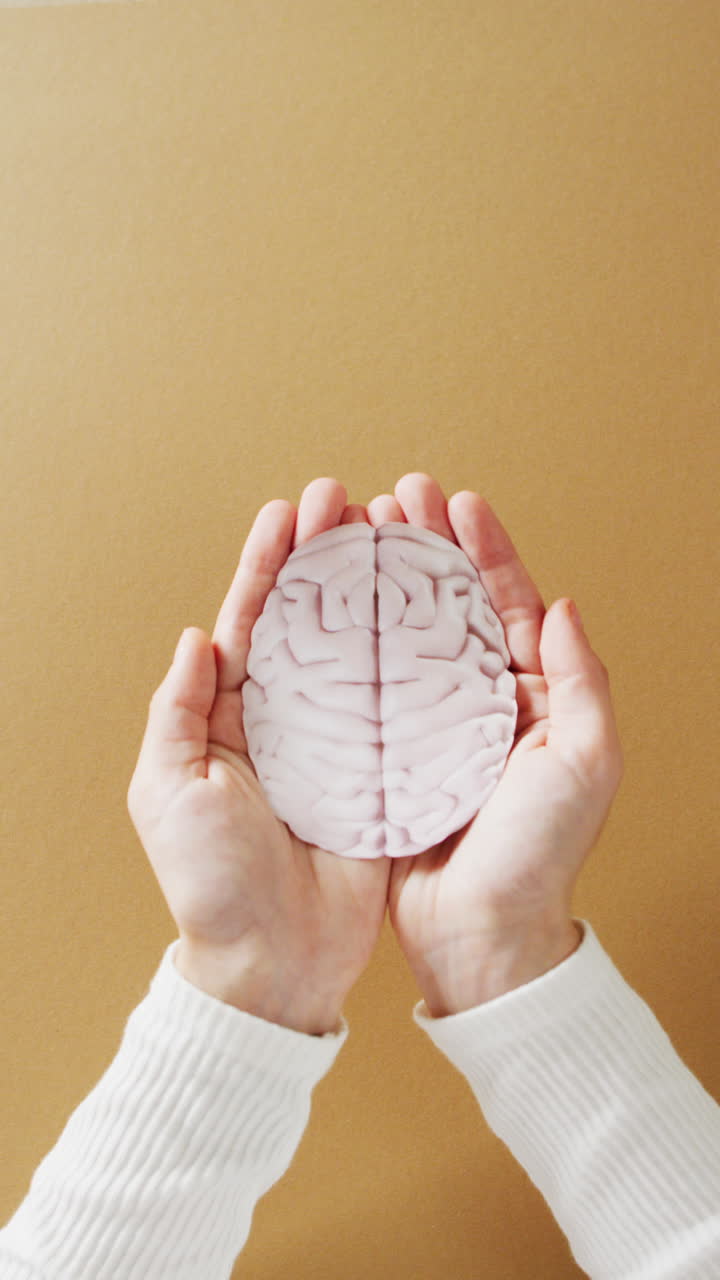 video vertical de manos sosteniendo el cerebro en fondo marrón con espacio de copia