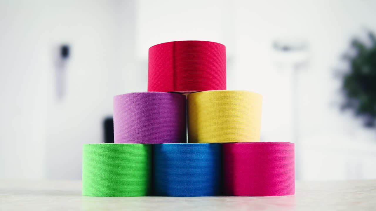 Kinesiology medical taping, doctor Physical therapist applying elastic surgical tape to patient body, treating injured knee young athlete.Post traumatic rehabilitation, sport physical therapy recovery