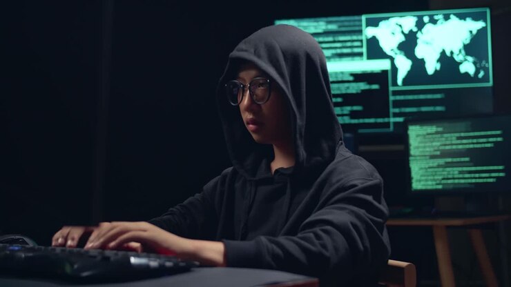 Hacker ragazzo asiatico che usa il computer per hackerare