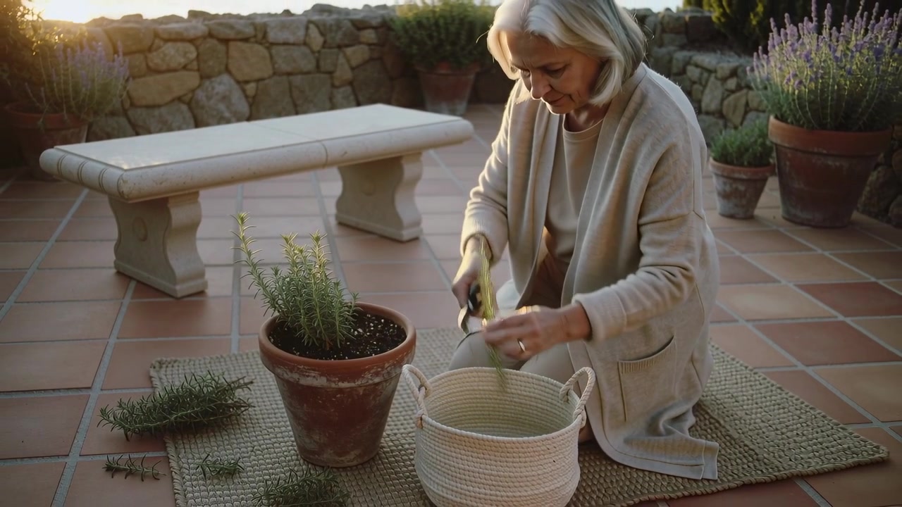 Posizionamento delle cesoie, giardiniere senior con cappotto neutro inginocchiato sul patio che taglia steli in un cesto vicino a un vaso