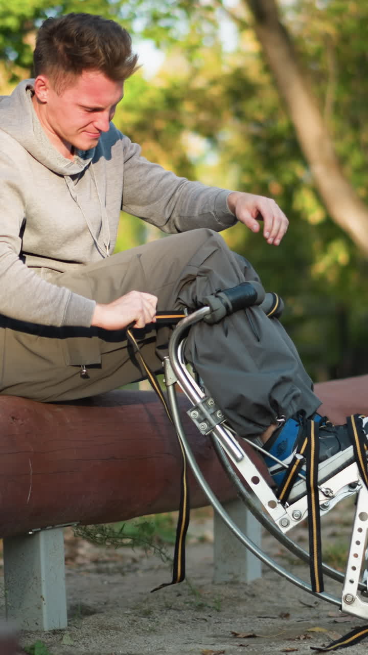 joven sentado en un tronco de color marrón rojizo en un parque con una sudadera gris claro y pantalones de color caqui, centrado en fijar correas a los pilotes de primavera a su lado, rodeado de árboles verdes