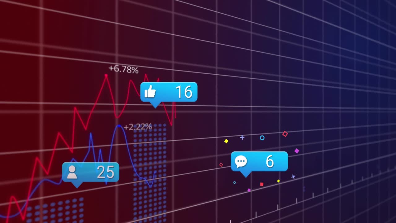 animación de iconos de redes sociales y procesamiento de datos estadísticos contra un fondo de gradiente púrpura