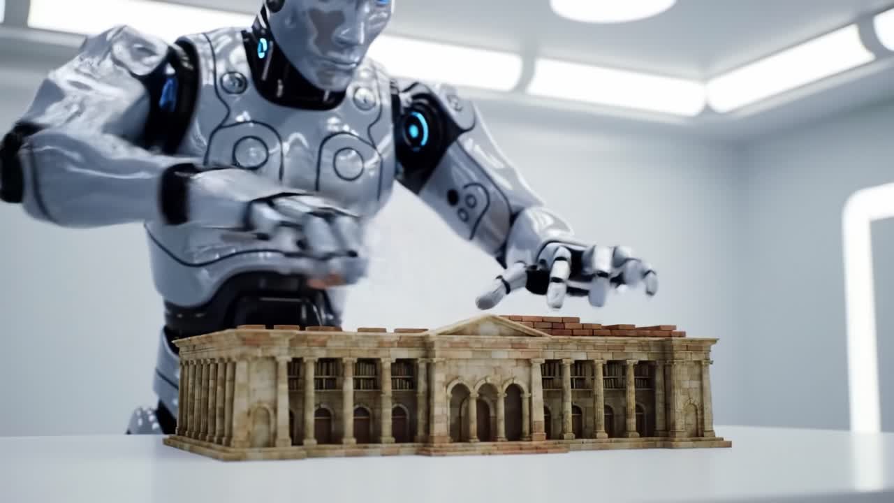 A humanoid robot meticulously examines and manipulates a detailed architectural model on a work surface.