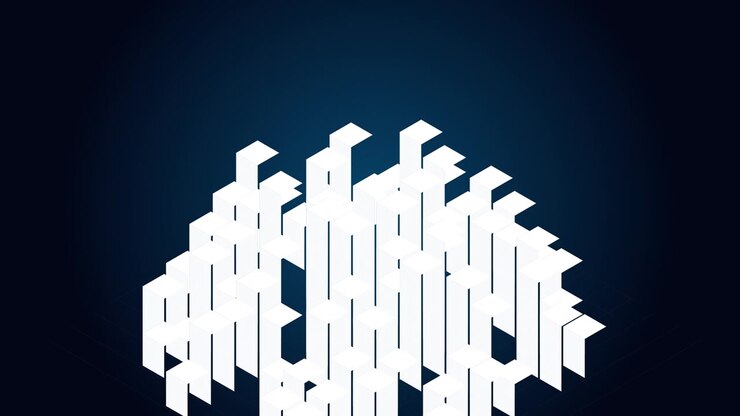 Abstract Isometric White Blocks Rising and Falling on Dark Blue Background